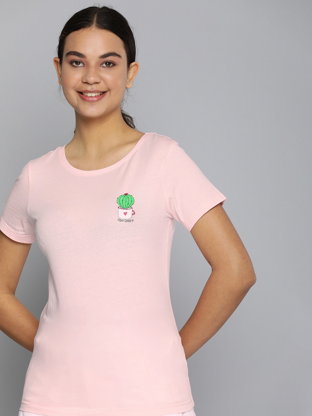 

HERE&NOW Women Pink & Green Pure Cotton Graphic Printed T-shirt