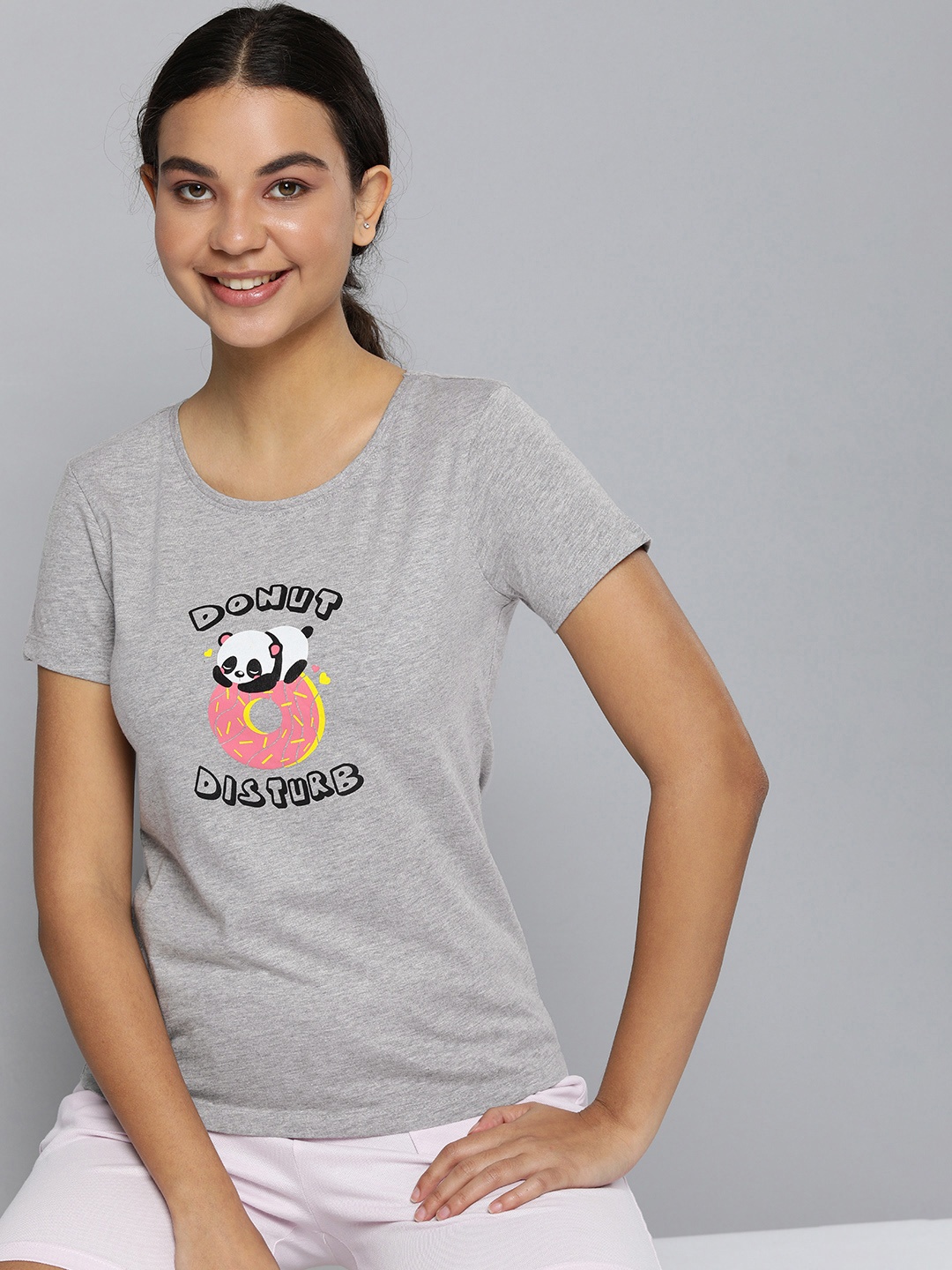 

HERE&NOW Women Grey Melange & Pink Graphic Printed T-shirt
