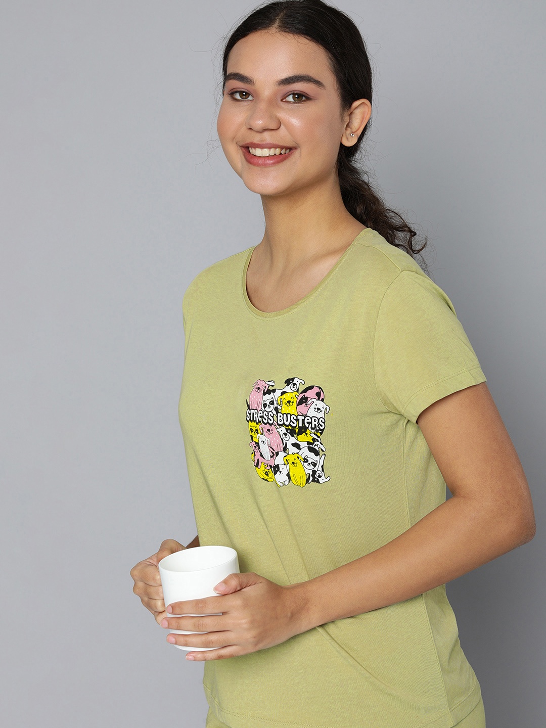 

HERE&NOW Women Olive Green & Pink Graphic Printed T-shirt