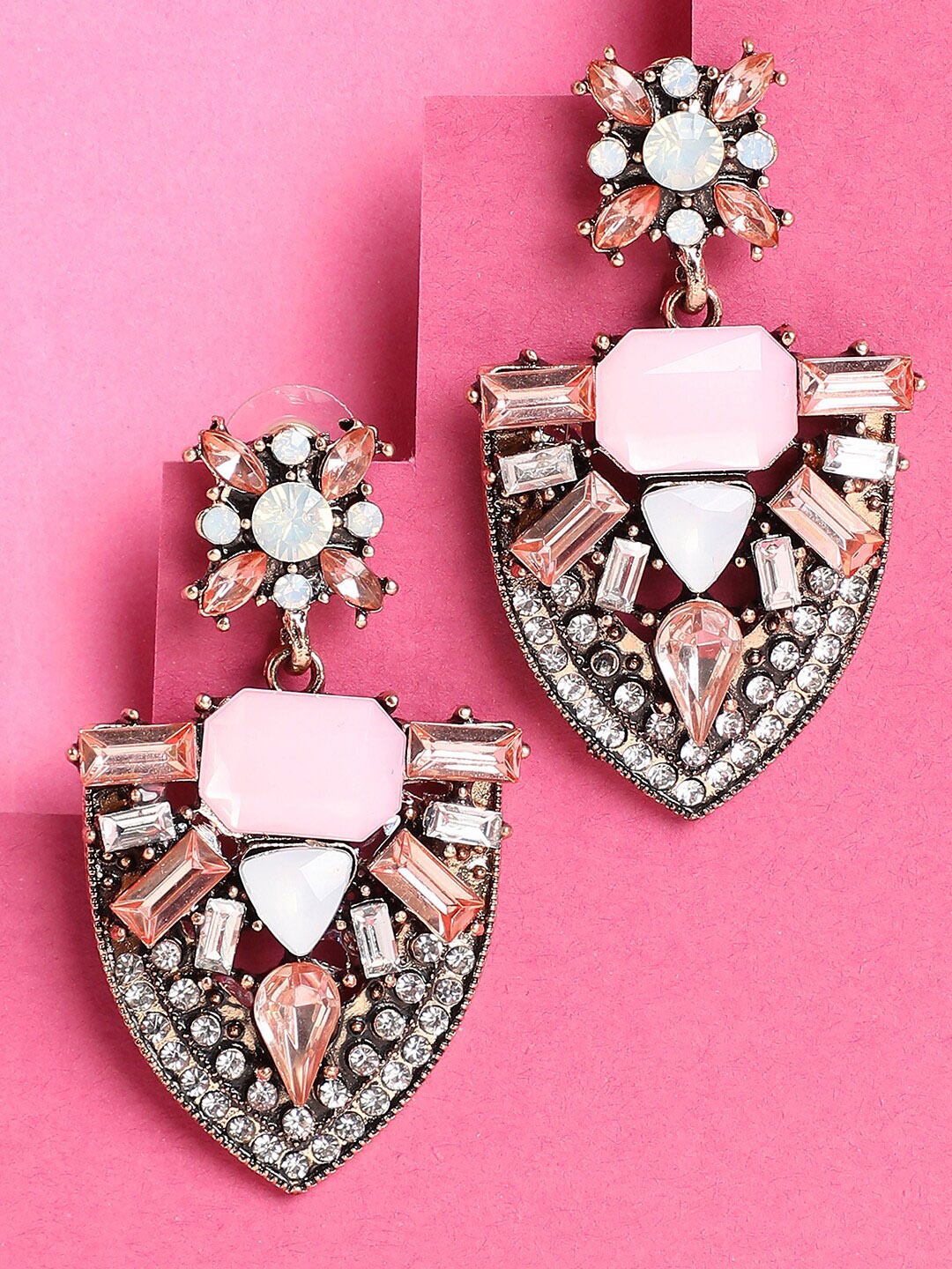 

SOHI Pink Stones Statement Gold-Plated Drop Earrings