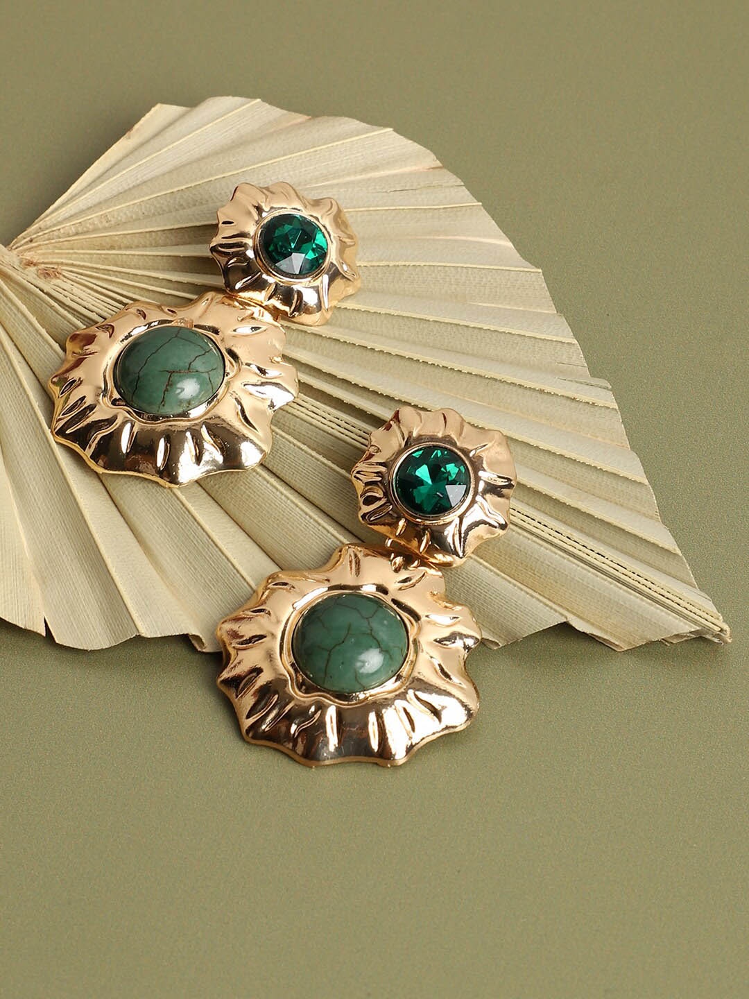 

SOHI Green Gold Plated Designer Contemporary Drop Earrings