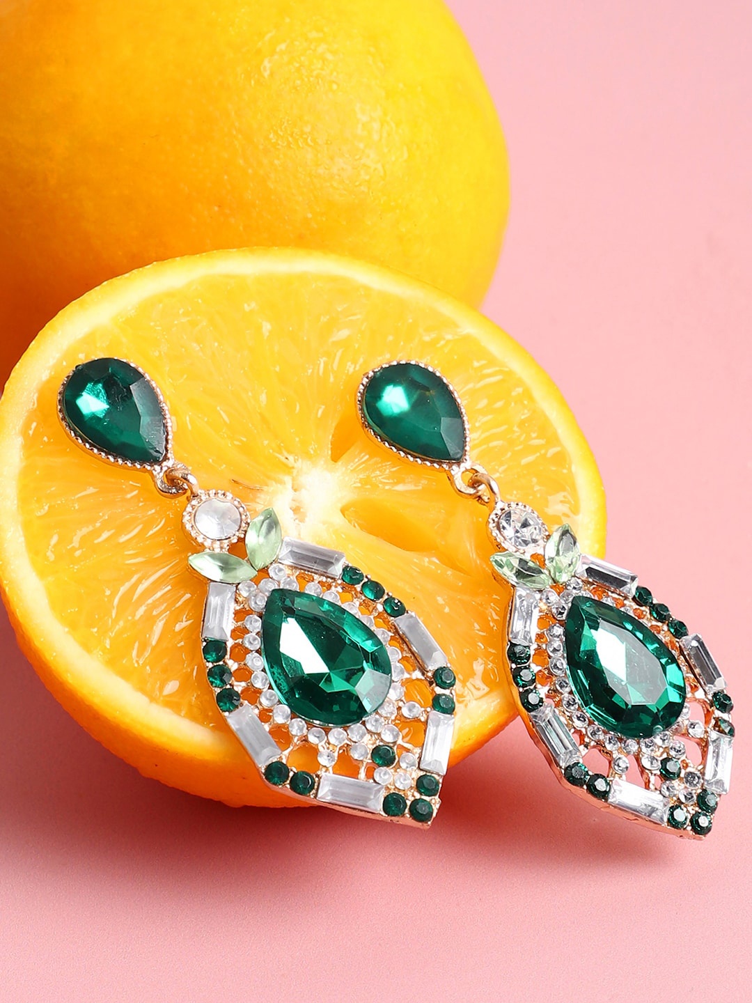 

SOHI Green Gold-Plated Contemporary Drop Earrings