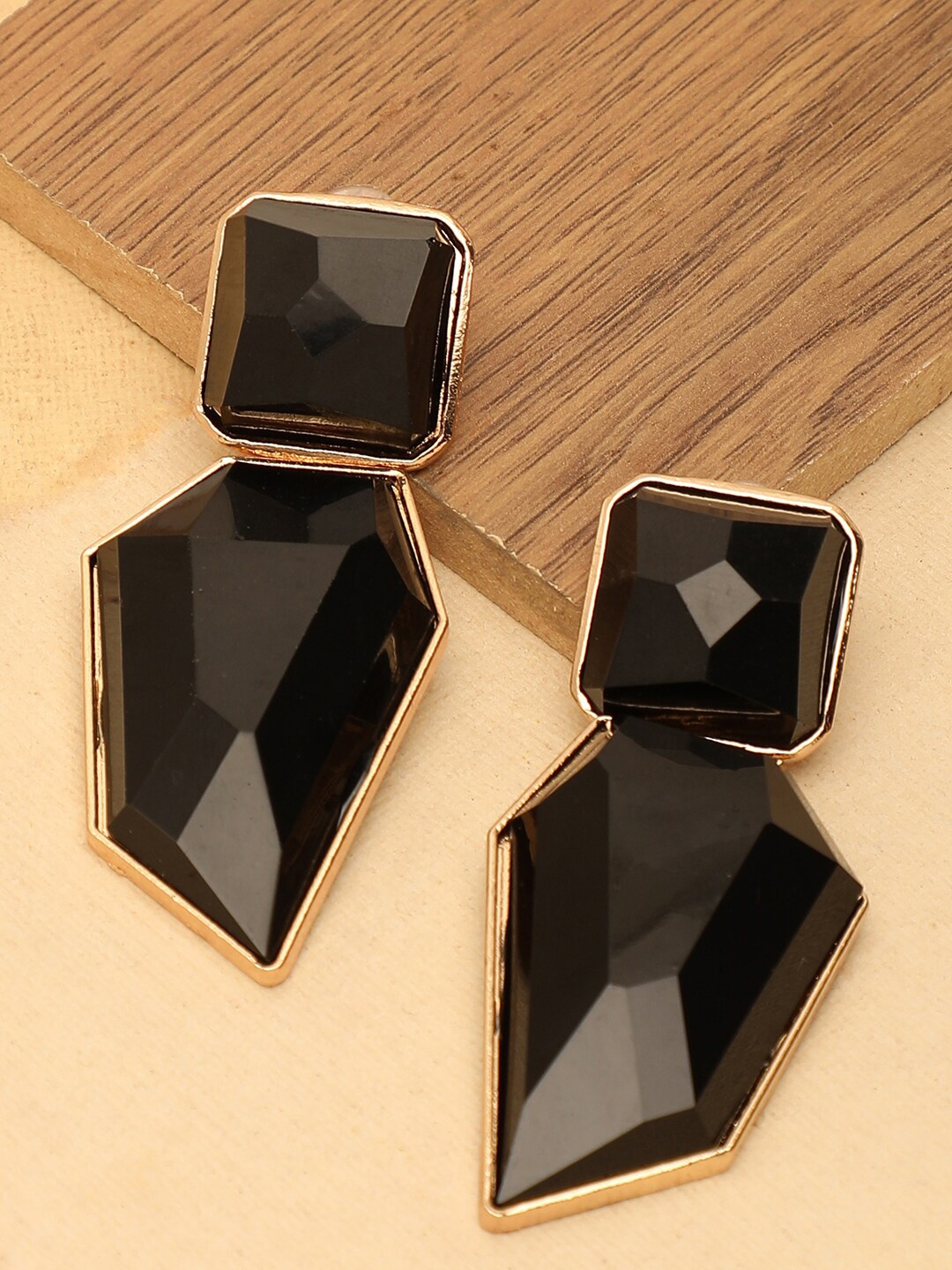 

SOHI Black Stone Abstract Gold Plated Drop Earrings