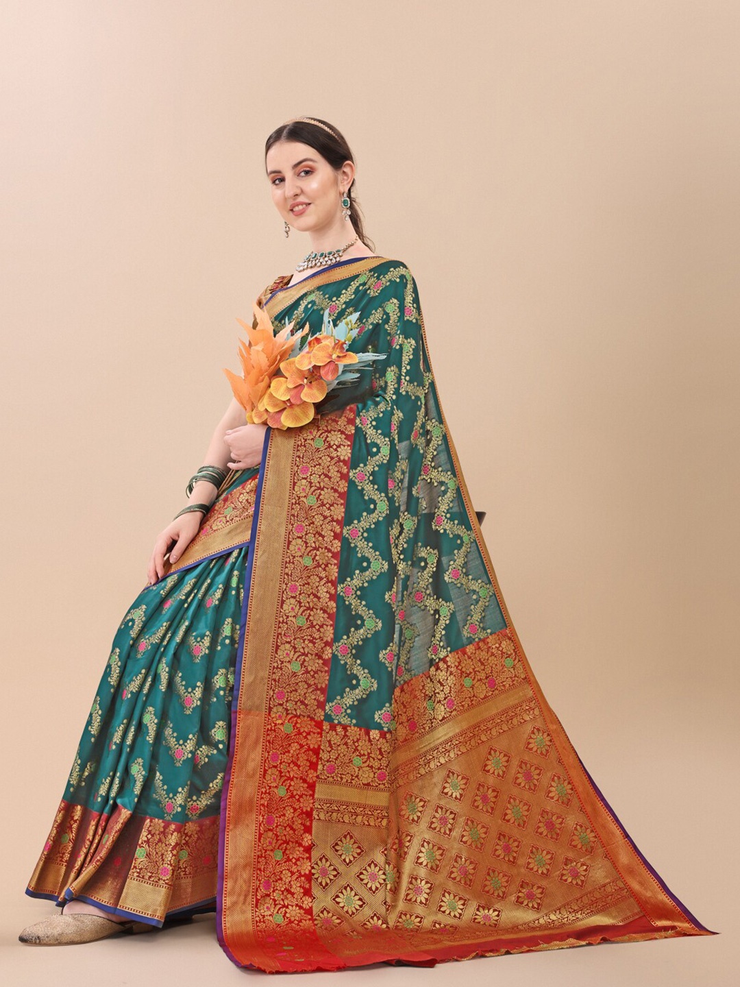 

HERENOW Woven Design Embellished Zari Silk Blend Banarasi Saree, Green