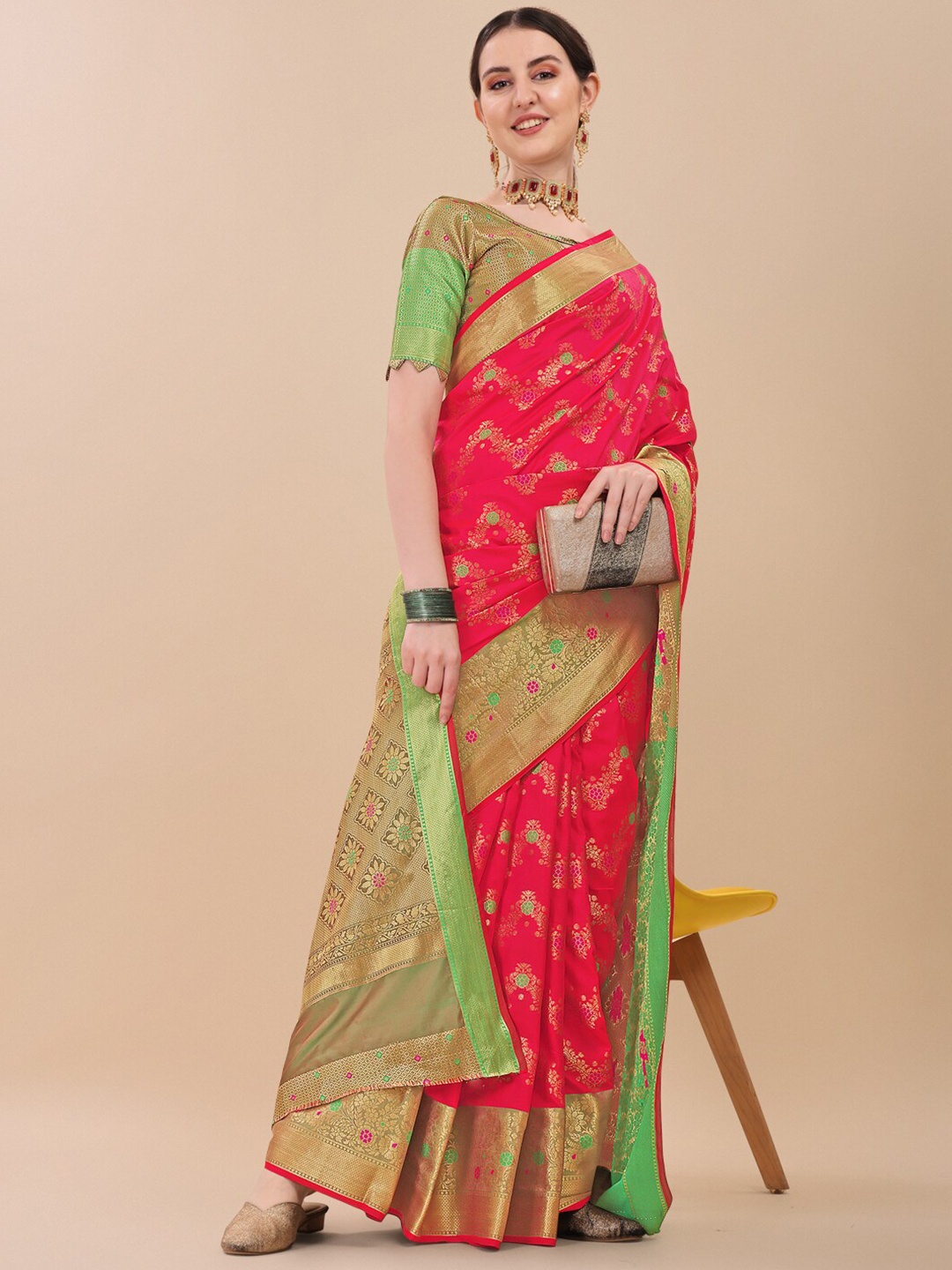 

HERE&NOW Red & Gold-Toned Woven Design Zari Silk Blend Banarasi Saree