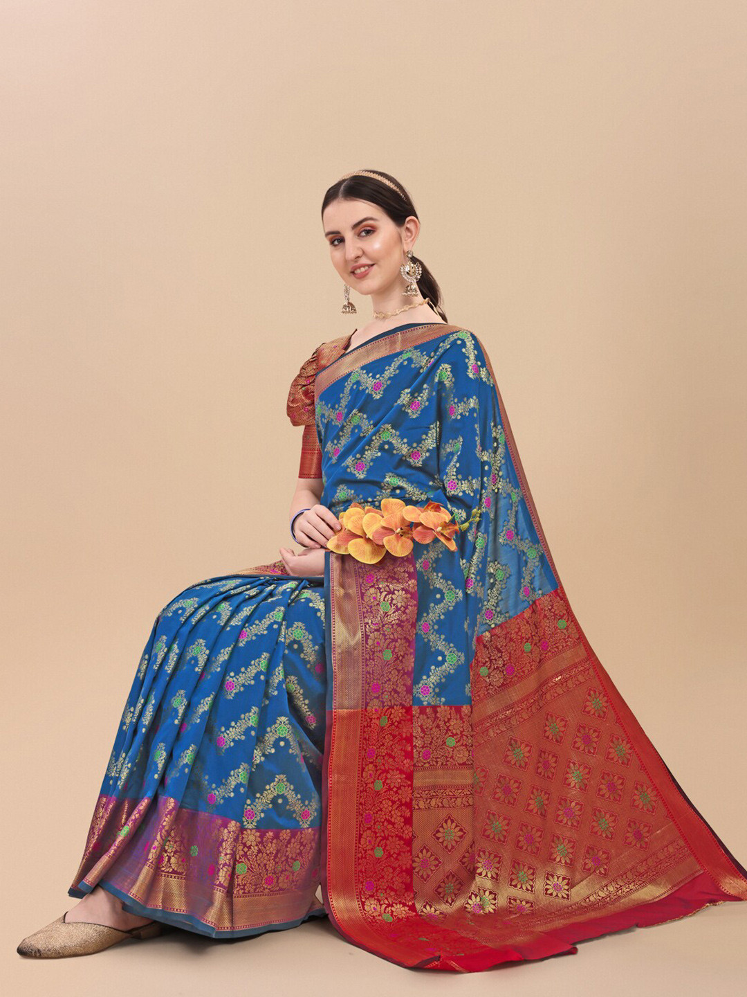 

HERE&NOW Blue & Pink Woven Design Zari Silk Blend Banarasi Saree