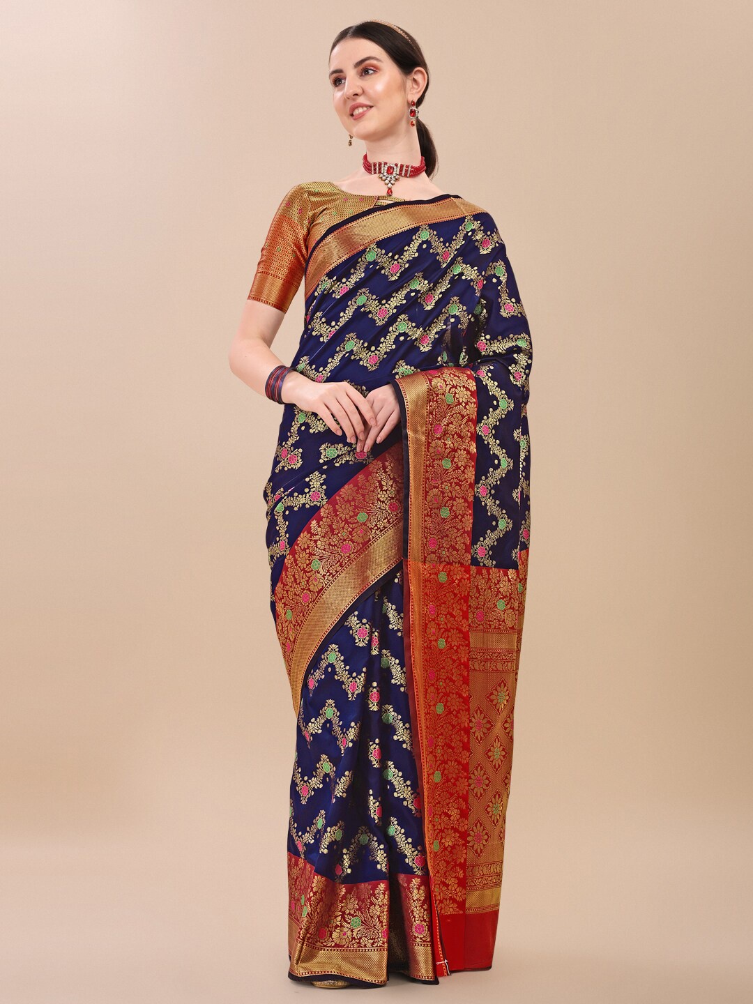 

HERE&NOW Navy Blue & Maroon Ethnic Motifs Zari Silk Blend Banarasi Saree