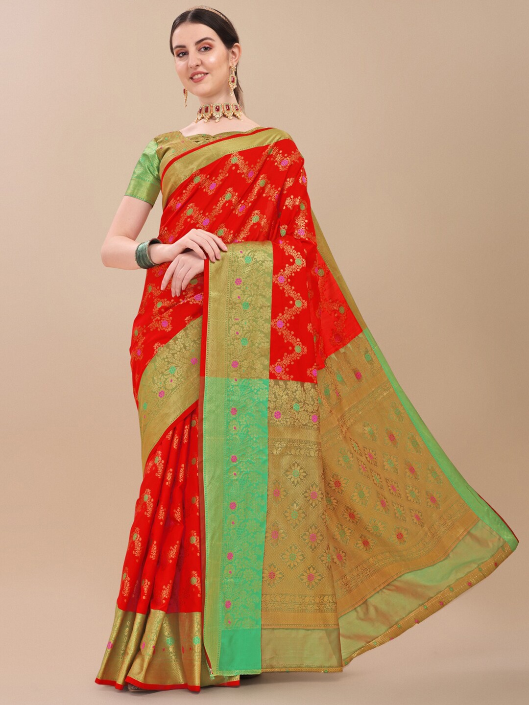 

HERE&NOW Red & Green Woven Design Zari Silk Blend Banarasi Saree