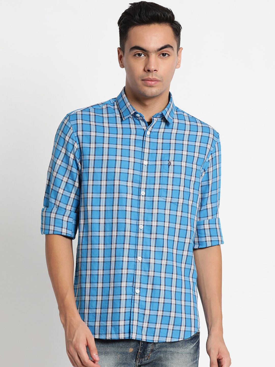 

Indian Terrain Plus Size Men Blue Chiseled Slim Fit Checked Casual Cotton Shirt