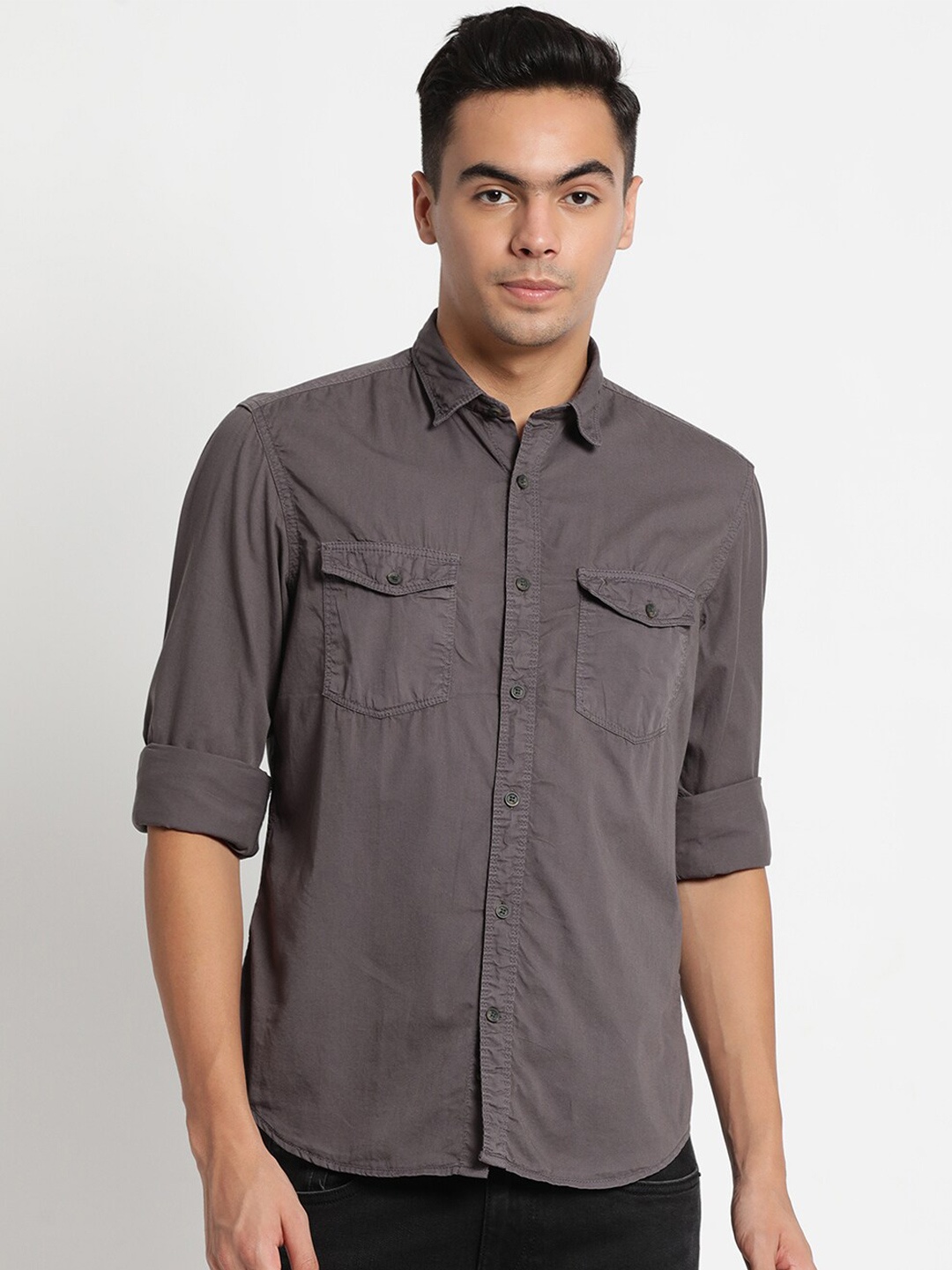 

Indian Terrain Plus Size Men Grey Chiseled Slim Fit Pure Cotton Casual Shirt