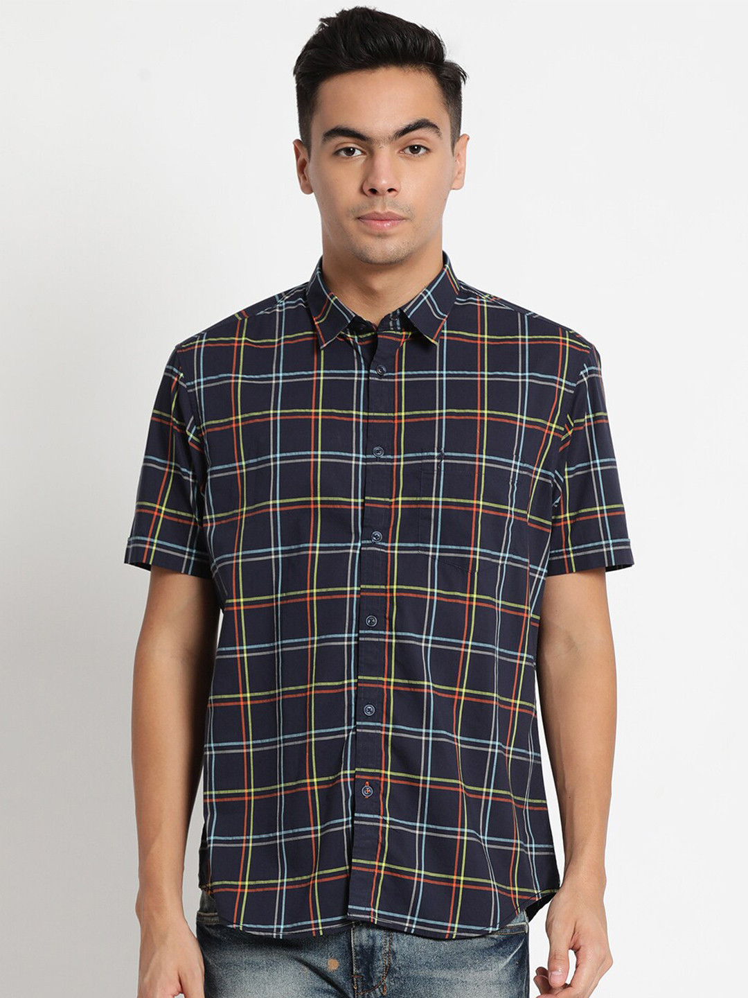 

Indian Terrain Plus Size Men Navy Blue Slim Fit Tartan Checked Pure Cotton Casual Shirt