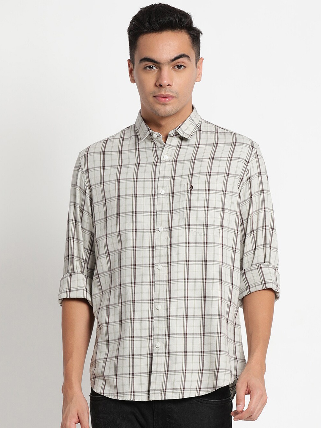 

Indian Terrain Plus Size Men Grey Chiseled Slim Fit Checked Pure Cotton Casual Shirt