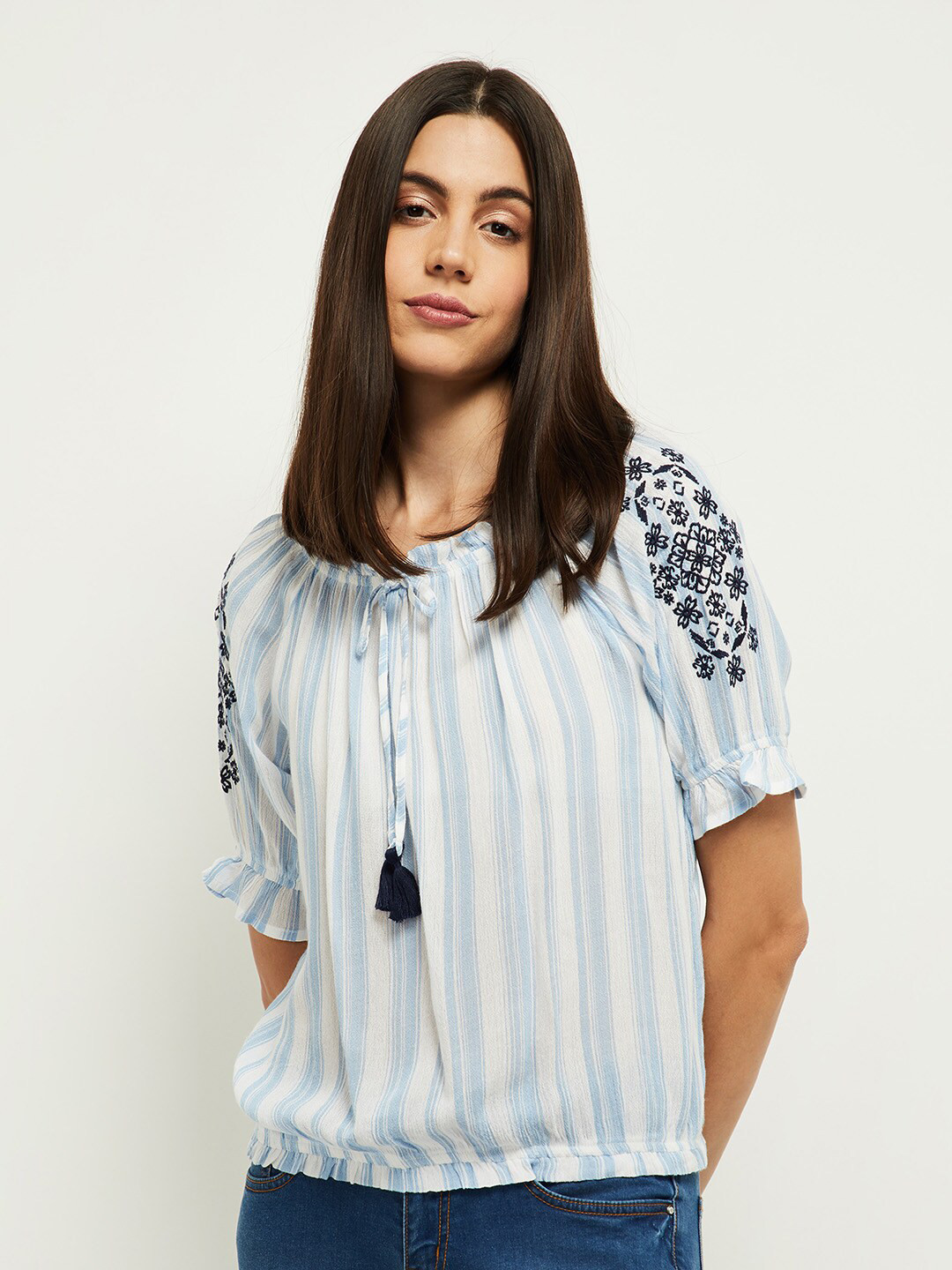 

max Women White & Blue Striped Extended Sleeves Cotton T-shirt