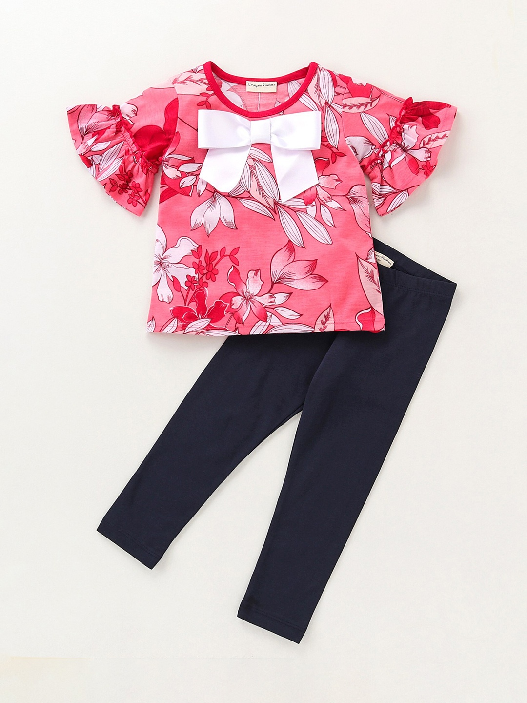 

CrayonFlakes Girls Printed Pure Cotton Top with Leggings Set, Peach
