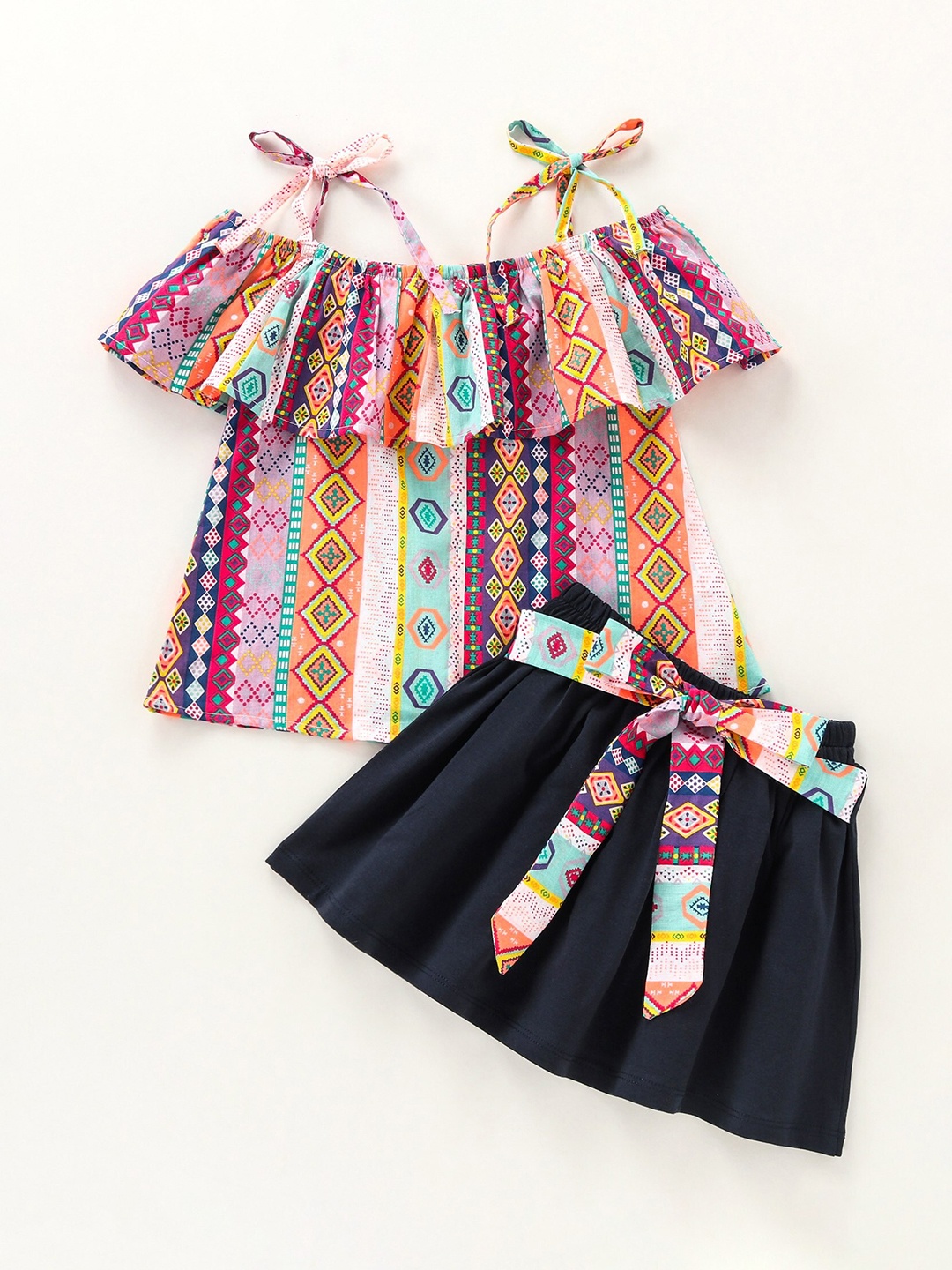 

CrayonFlakes Girls Pure Cotton Printed Top with Skirt, Blue