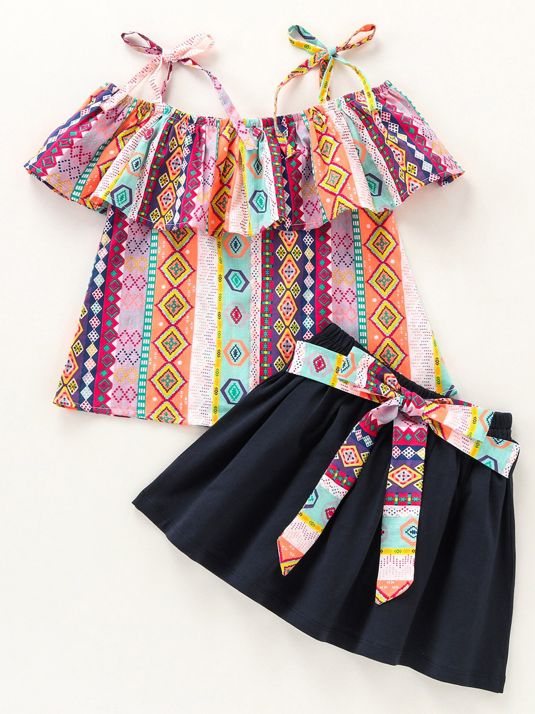 

CrayonFlakes Girls Printed Pure Cotton Top with Skirt, Pink