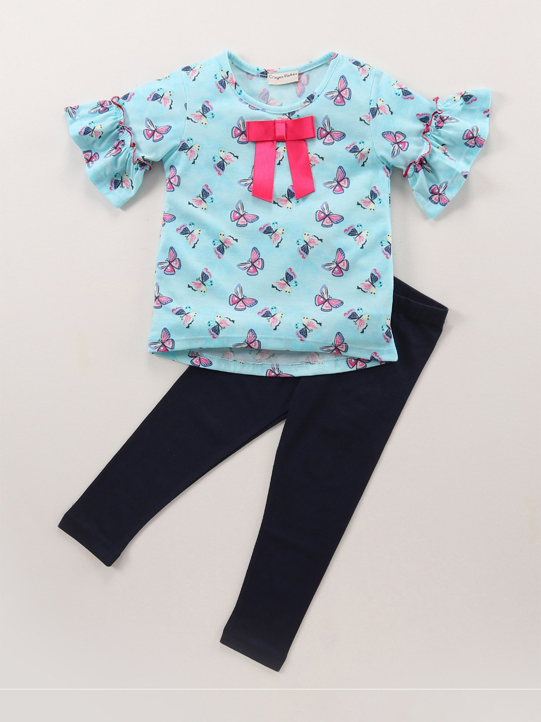 

CrayonFlakes Girls Pure Cotton Printed Top with Leggings, Sea green