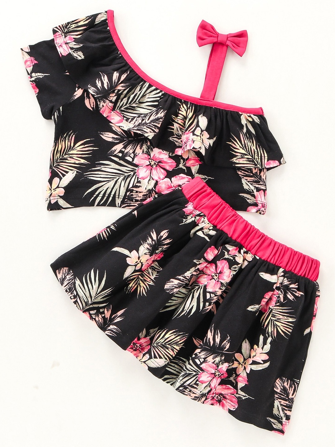 

CrayonFlakes Girls Printed Top with Skirt, Black