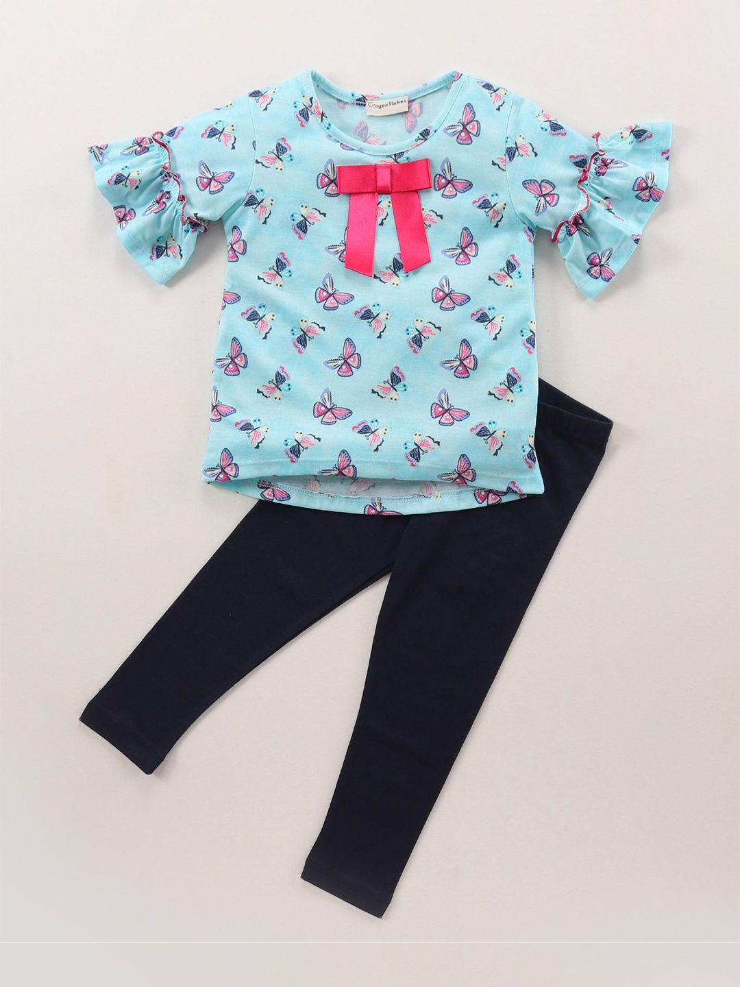 

CrayonFlakes Girls Pure Cotton Printed Top with Leggings, Sea green