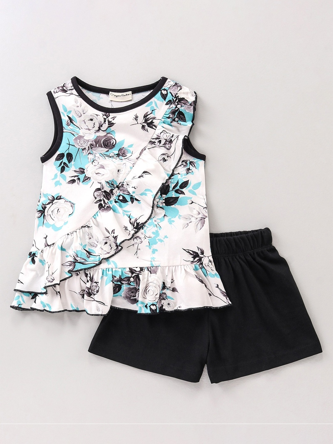 

CrayonFlakes Girls Printed Top with Shorts, Off white