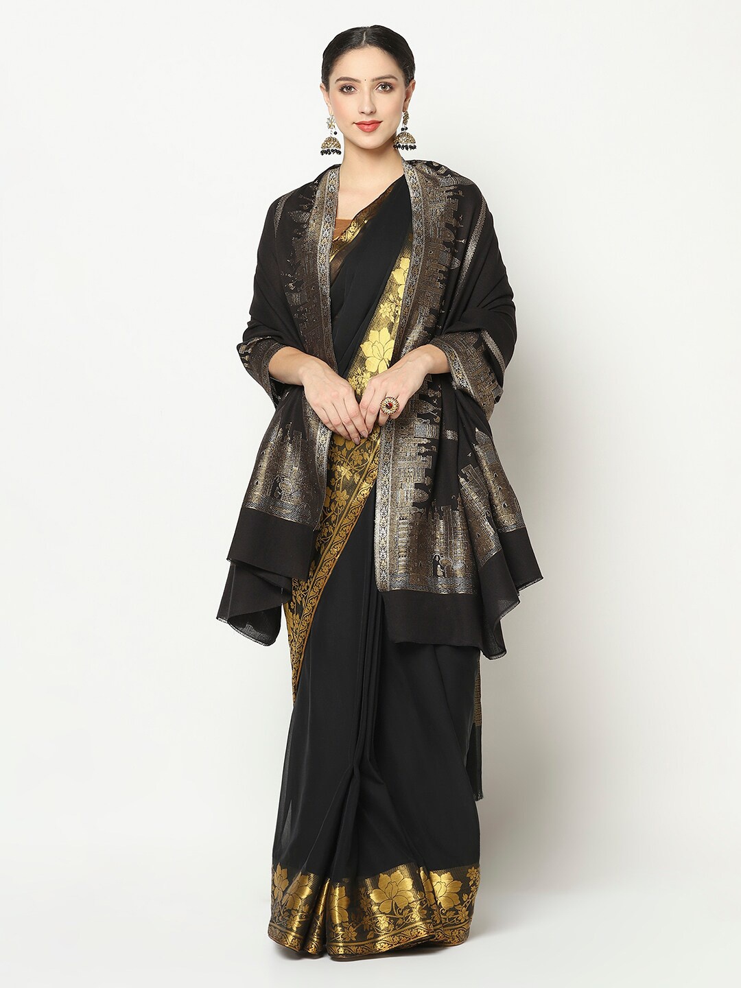 

La Vastraa Women Black & Gold-Silver Coloured Zari Woven Design Wool Shawl