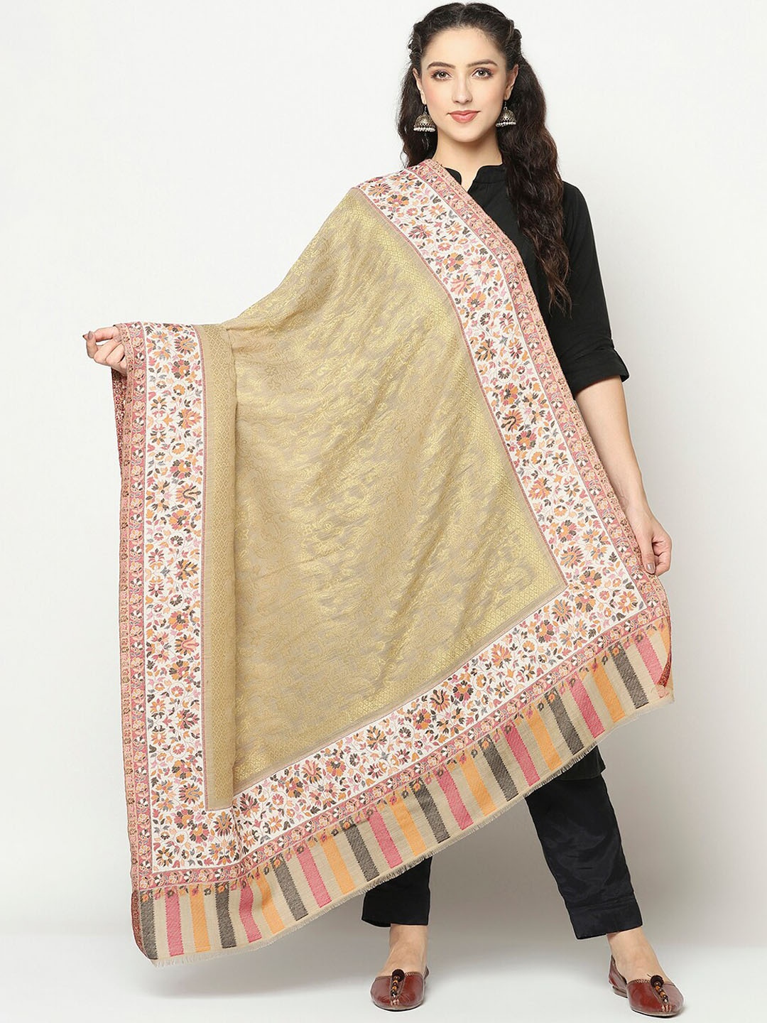

La Vastraa Women Beige Zari Woven Design Wool Shawl