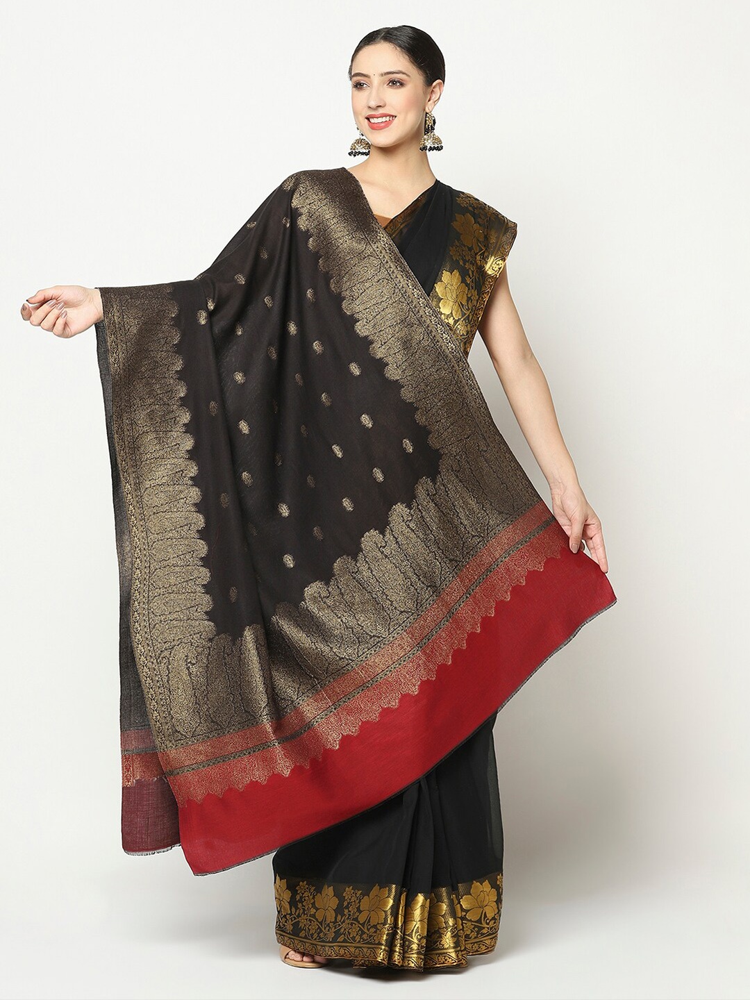 

La Vastraa Women Black & Red Woven Design Pure Wool Shawl