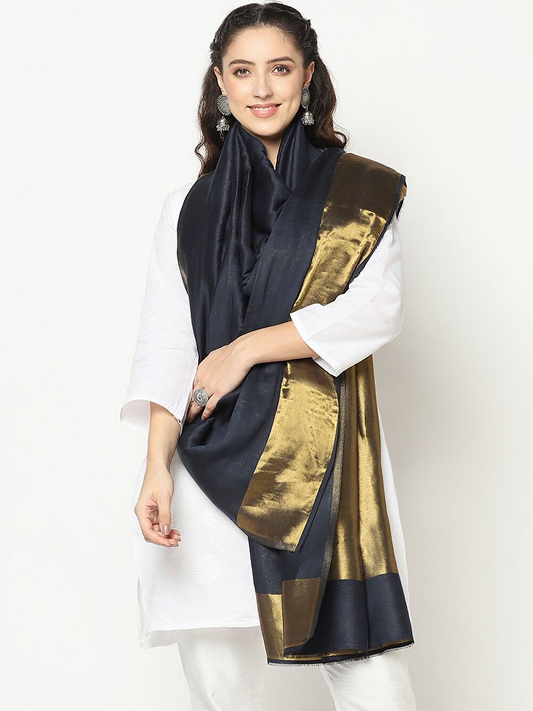 

La Vastraa Women Navy Blue Golden Solid Wool Shawl