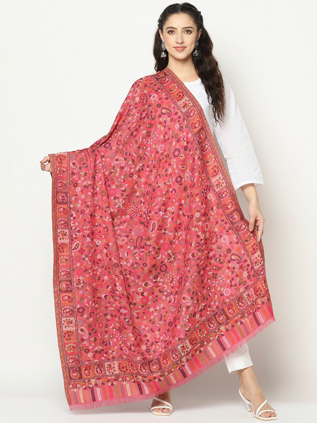 

La Vastraa Women Pink & Silver-Coloured Woven Design Pure Wool Shawl