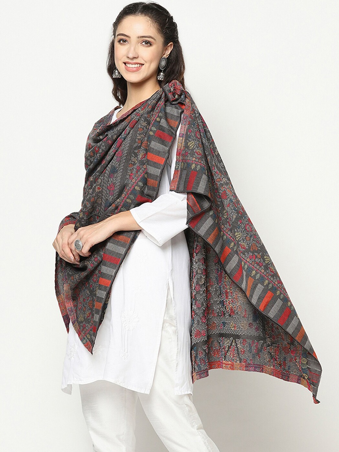 

La Vastraa Women Grey & Red Woven Design Shawl