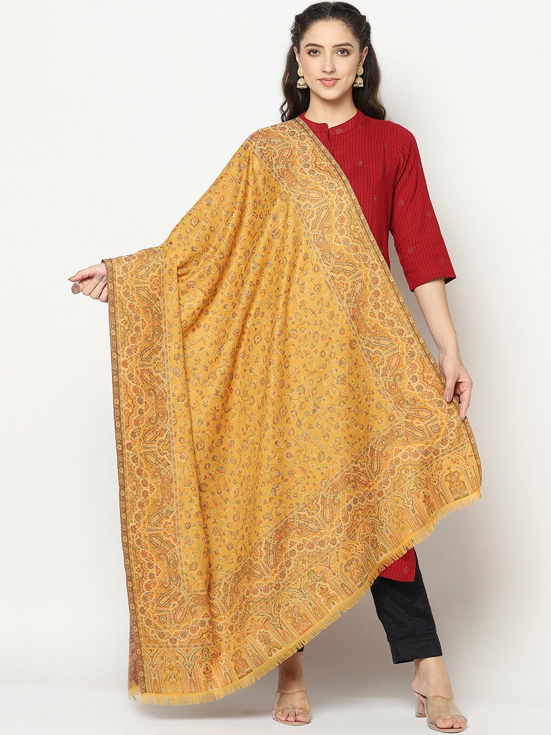 

La Vastraa Women Mustard Yellow Woven Design Wool Shawl