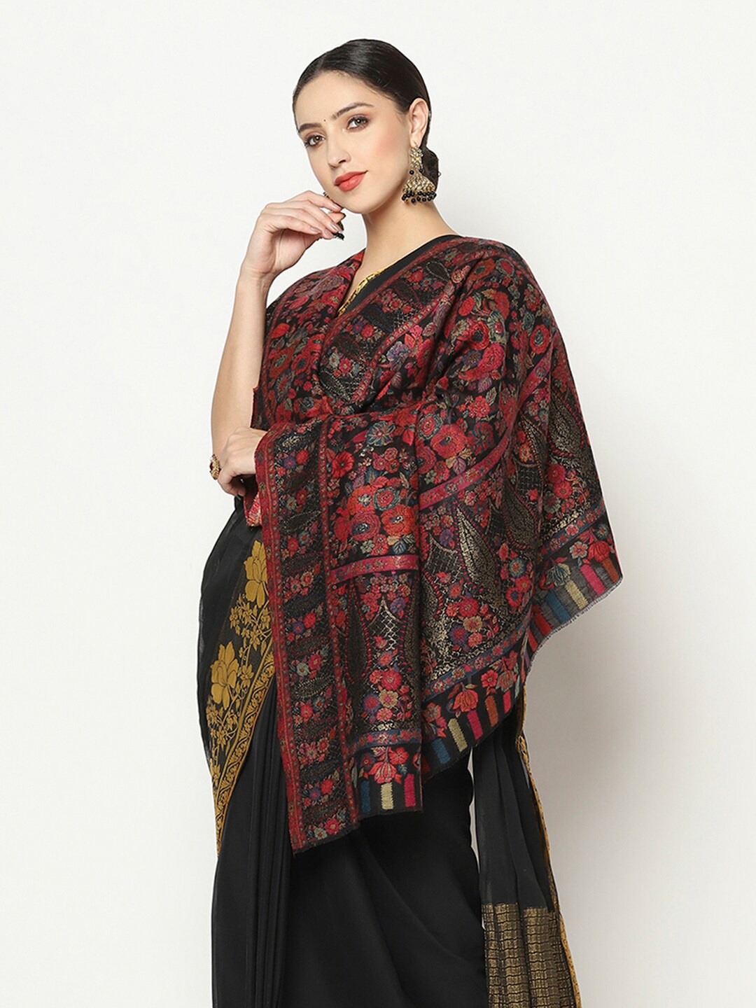 

La Vastraa Women Black & Maroon Woven Design Wool Shawl