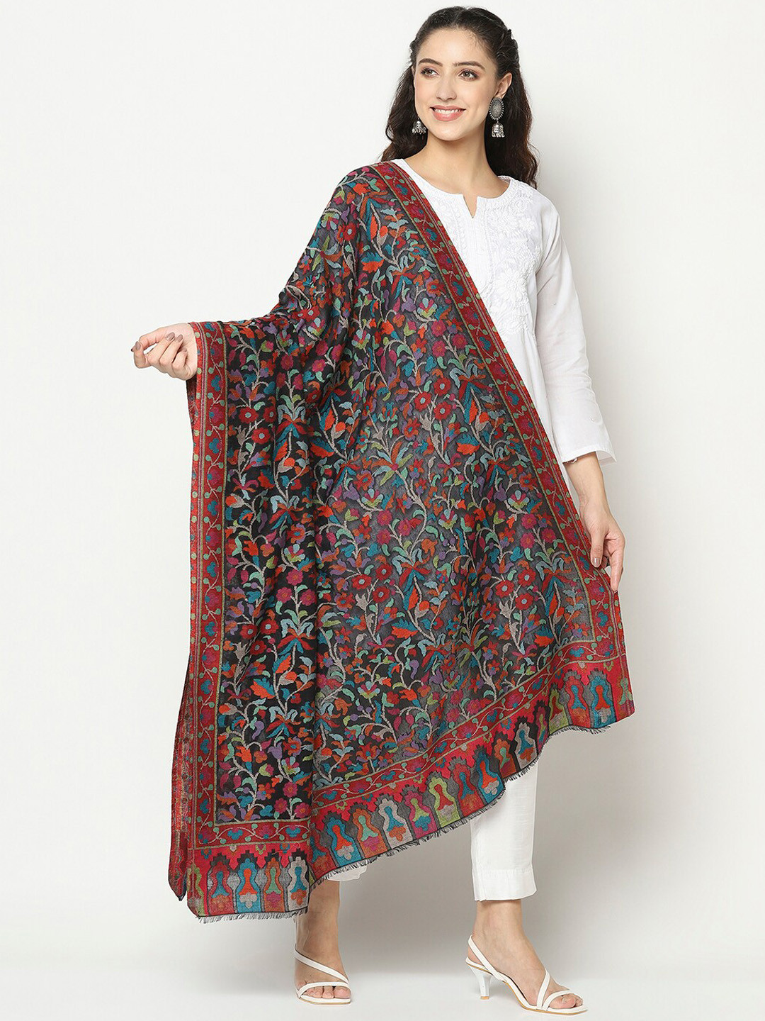 

La Vastraa Women Black & Red Woven Design Pure Wool Shawl