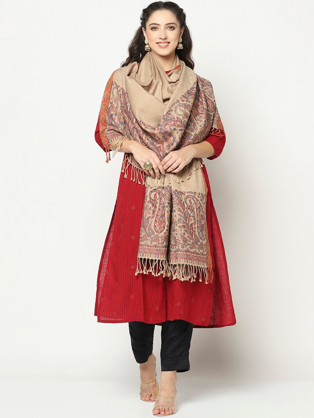 

La Vastraa Women Beige & Red Woven Design Pure Wool Shawl