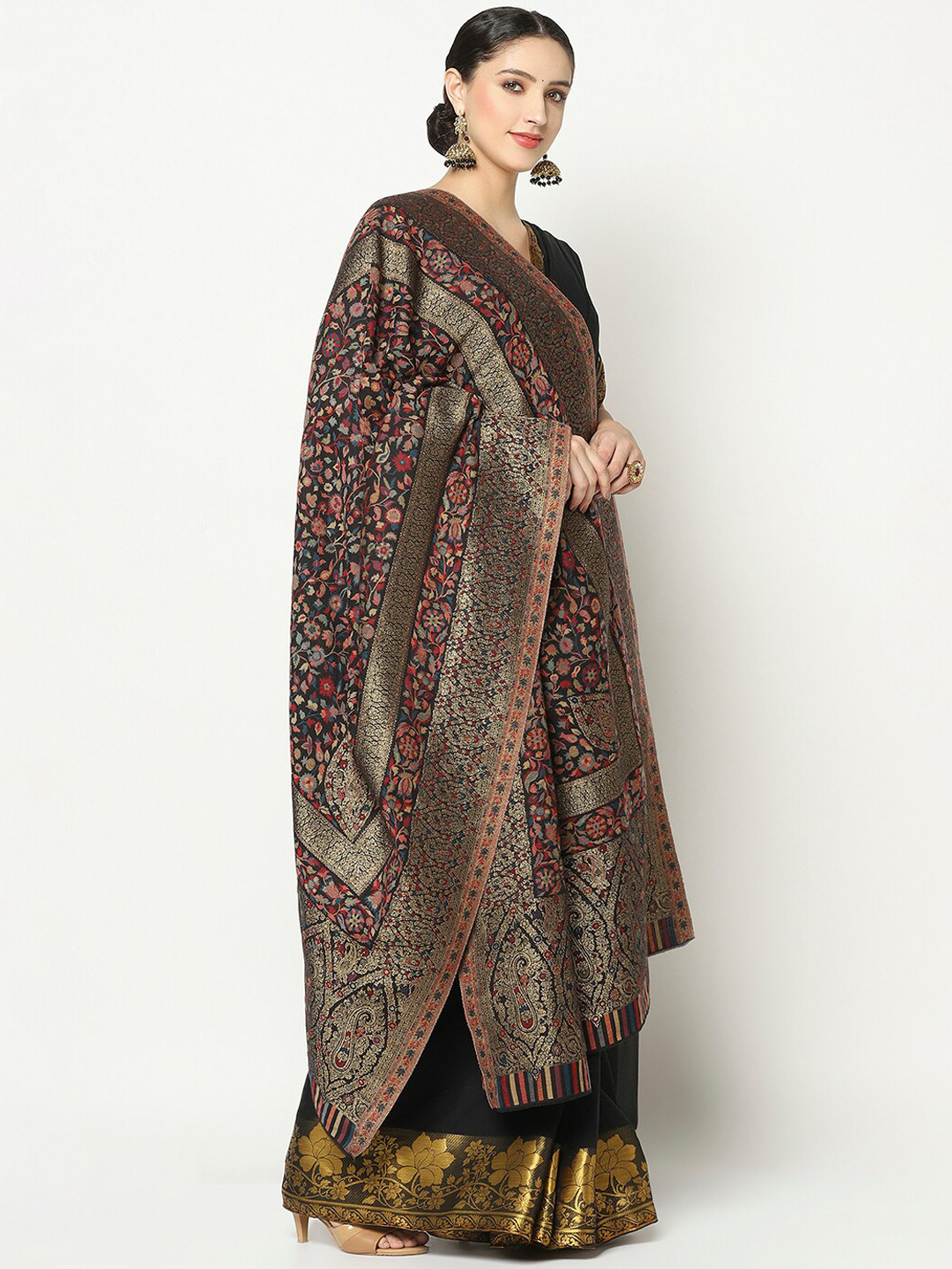 

La Vastraa Women Black Woven Design Floral Wool Shawl