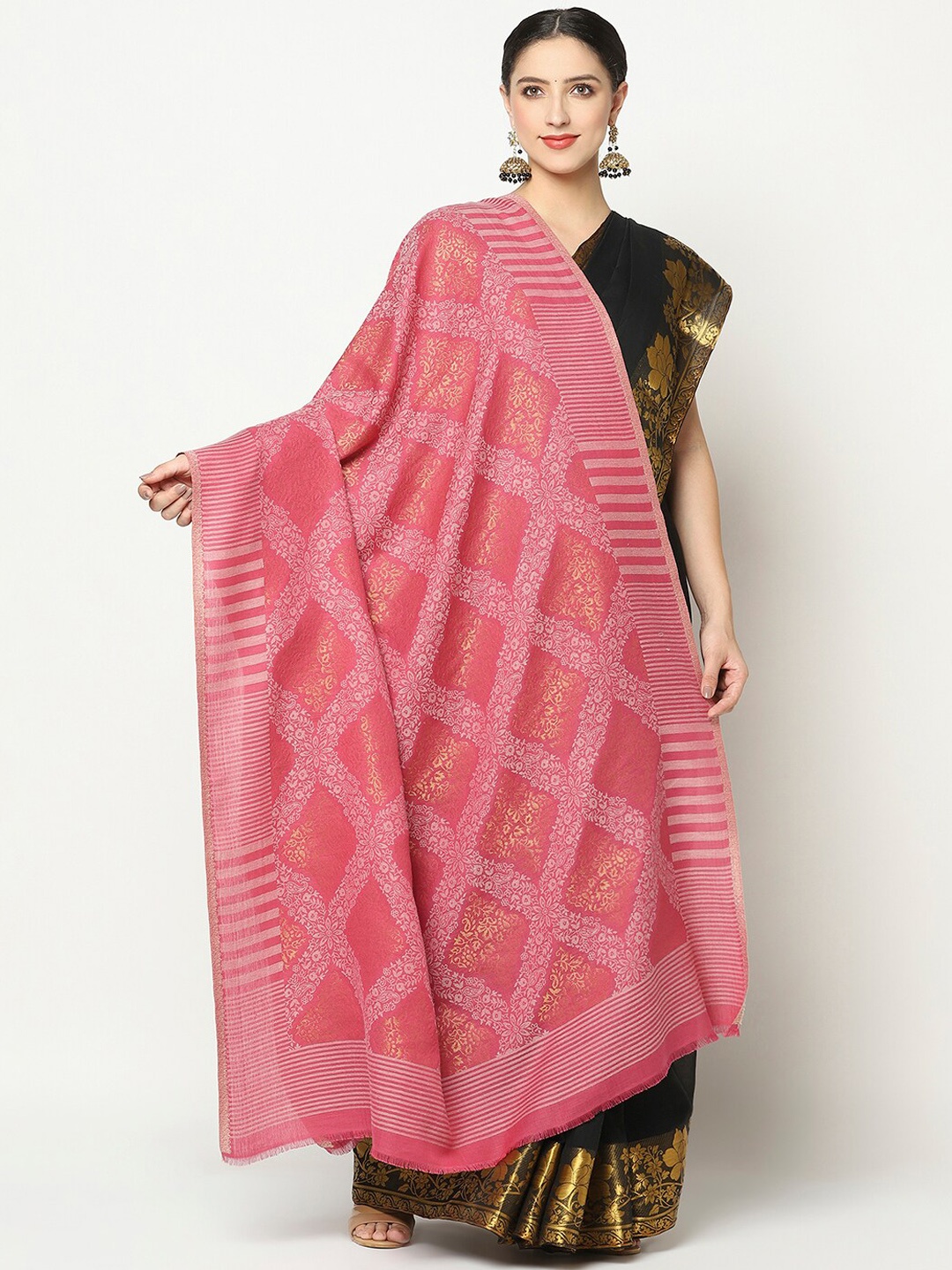 

La Vastraa Women Pink & Gold Woven Design Wool Shawl