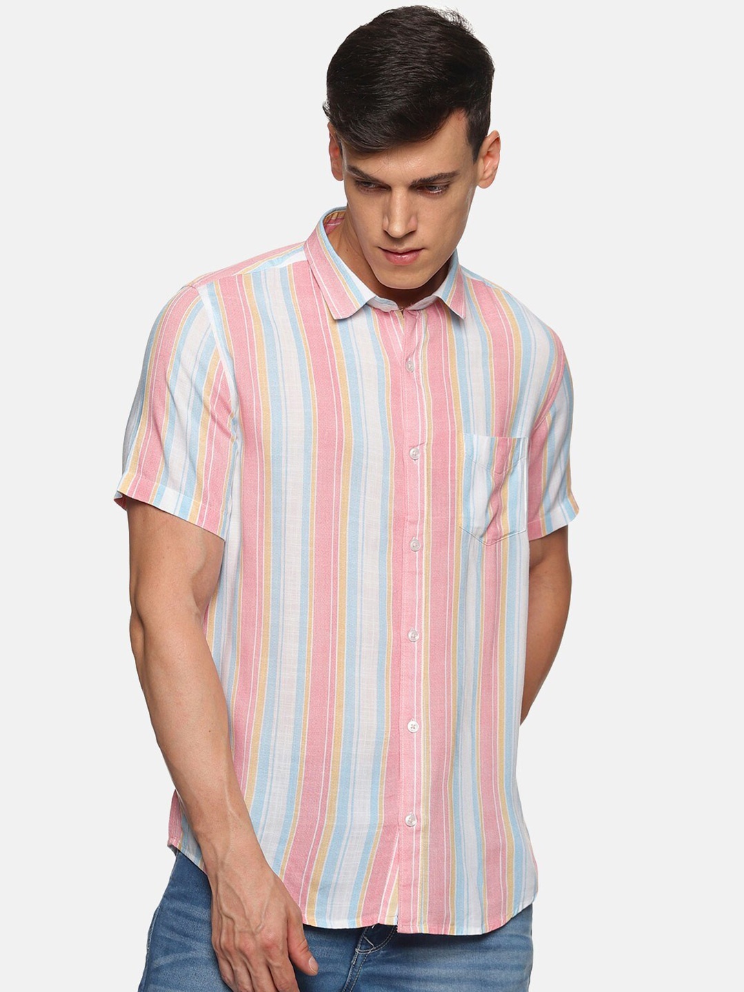 

Tusok Men Pink Smart Striped Pure Cotton Casual Shirt
