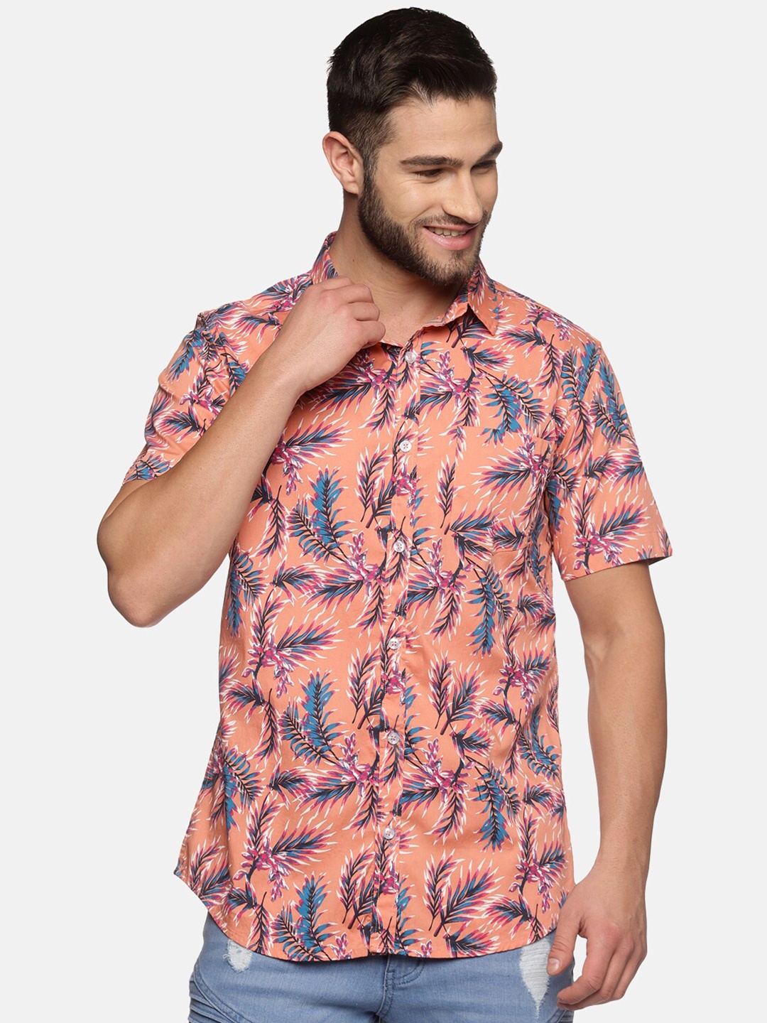 

Tusok Men Coral Smart Floral Printed Pure Cotton Casual Shirt