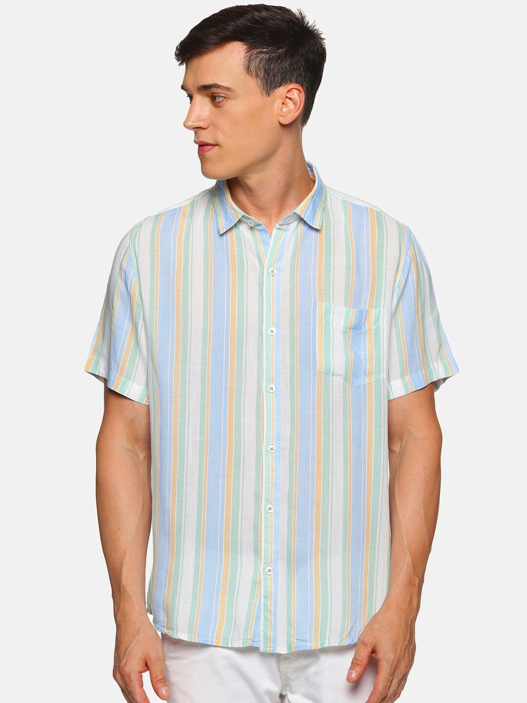 

Tusok Men Blue Smart Striped Pure Cotton Casual Shirt