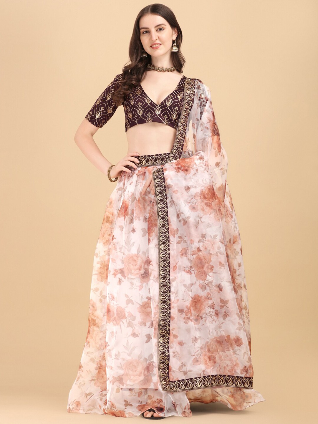 

Fab Dadu Women White & Coffee Brown Semi-Stitched Lehenga & Unstitched Blouse With Dupatta