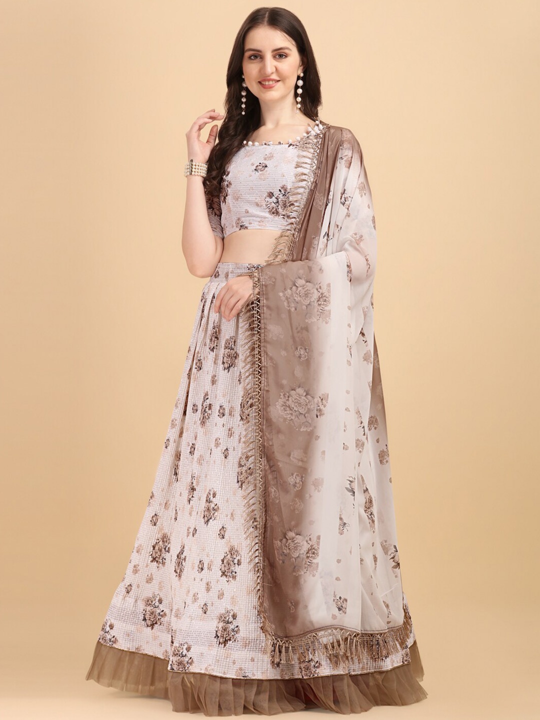 

Fab Dadu Women Off White & Brown Semi-Stitched Lehenga & Unstitched Blouse With Dupatta