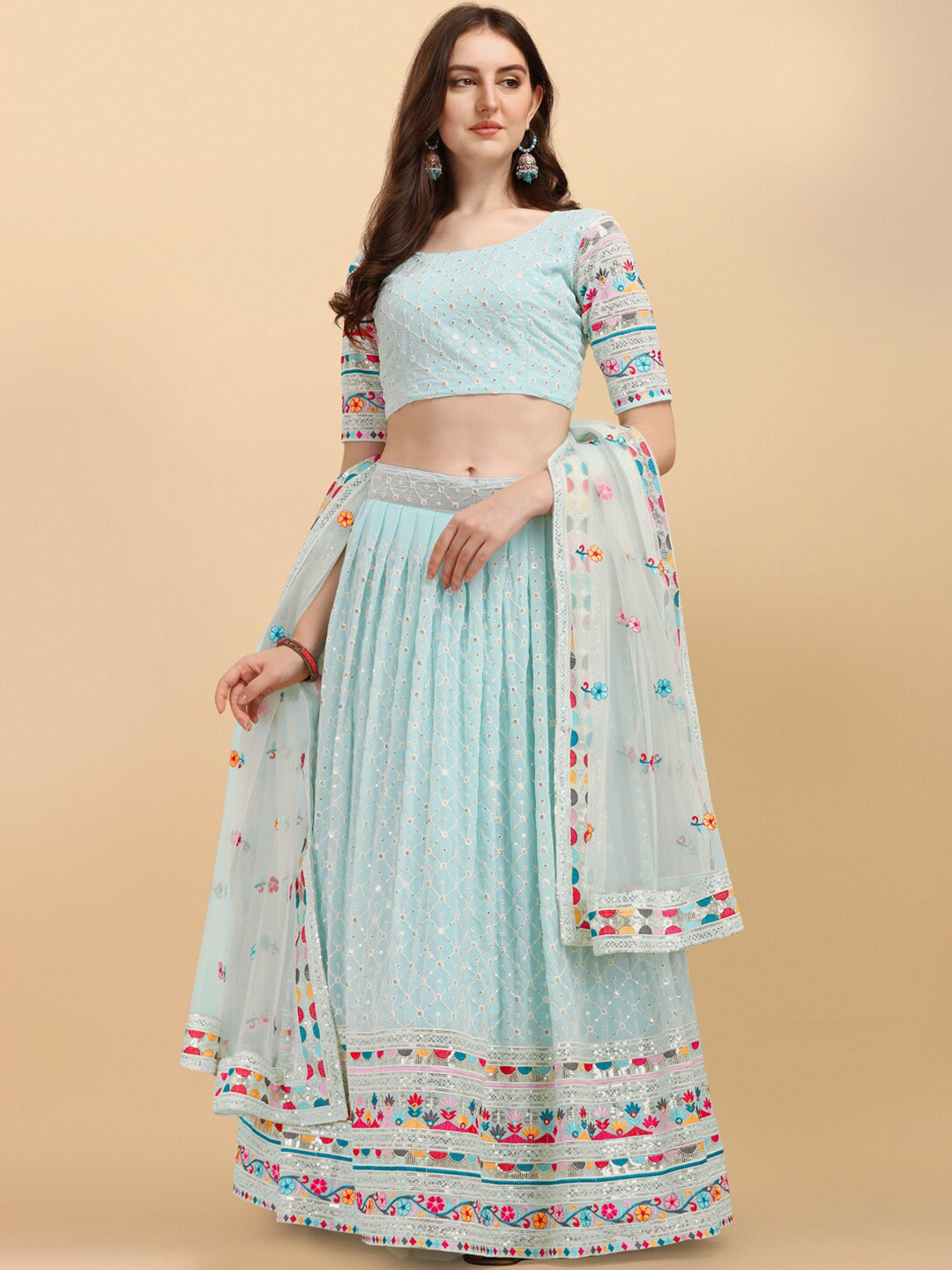 

Fab Dadu Women Turquoise Blue & Red Semi-Stitched Lehenga & Unstitched Blouse With Dupatta