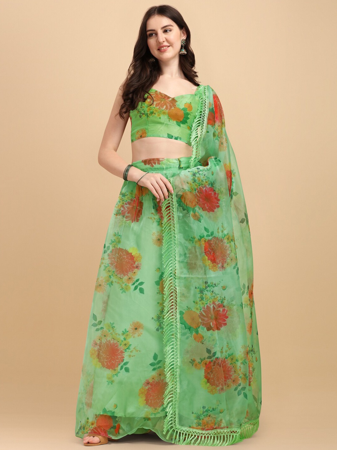 

Fab Dadu Women Green & Orange Semi-Stitched Lehenga & Unstitched Blouse With Dupatta