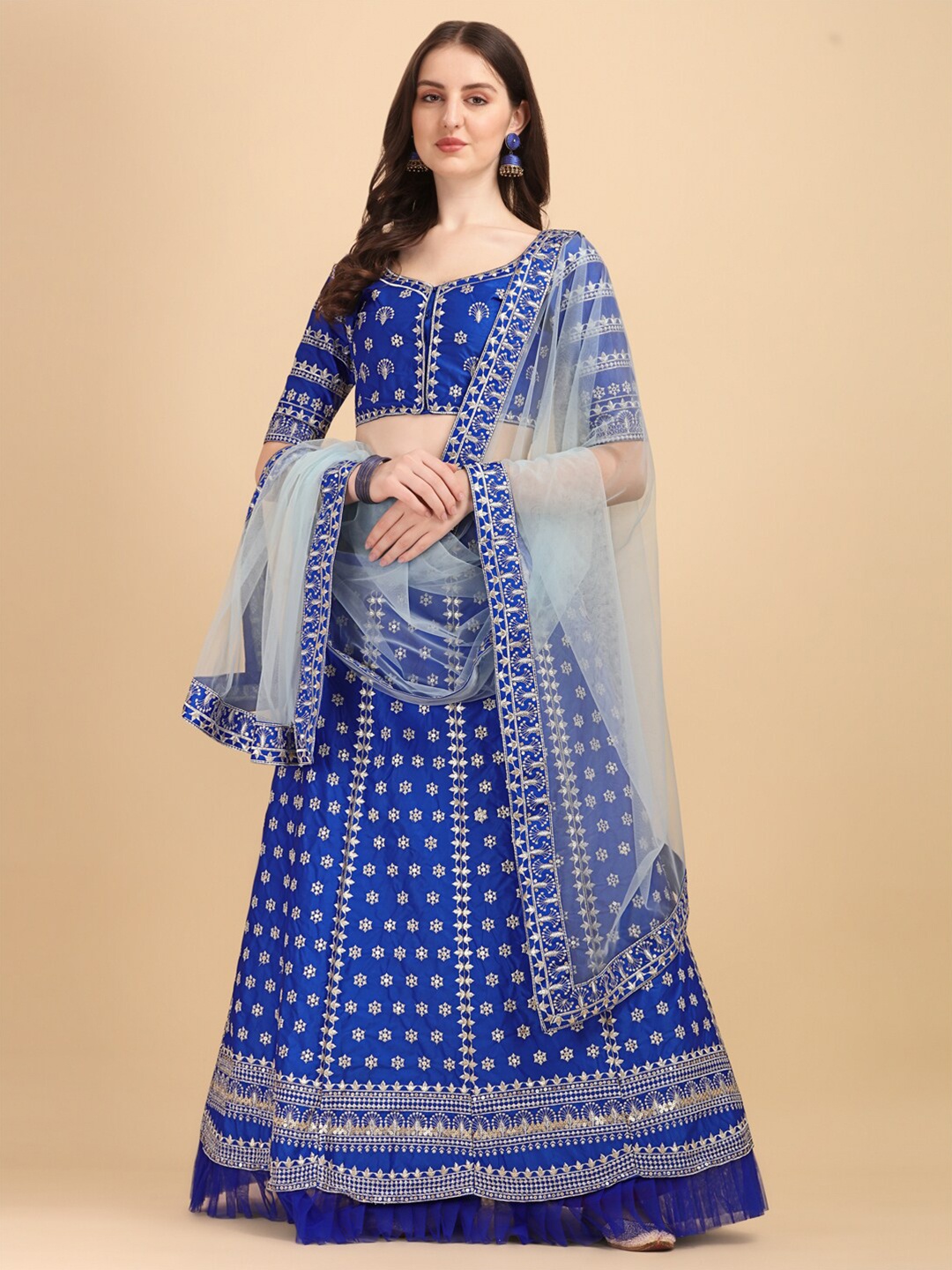 

Fab Dadu Blue & Gold-Toned Embroidered Semi-Stitched Lehenga & Unstitched Blouse With Dupatta