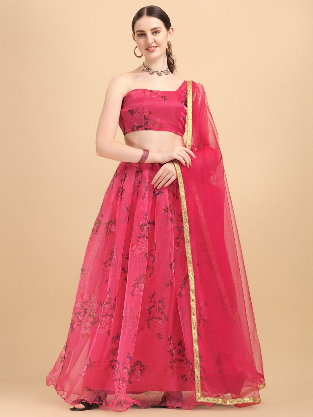 

Fab Dadu Women Pink Printed Semi-Stitched Lehenga & Unstitched Blouse With Dupatta