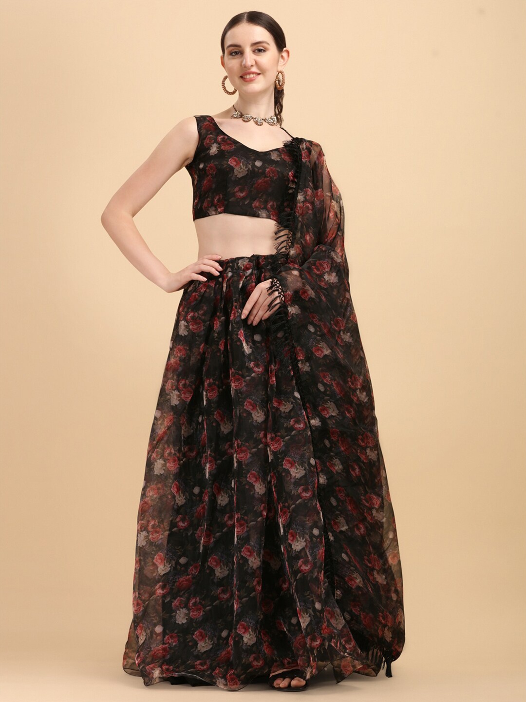 

Fab Dadu Women Black & Pink Printed Semi-Stitched Lehenga & Unstitched Blouse With Dupatta