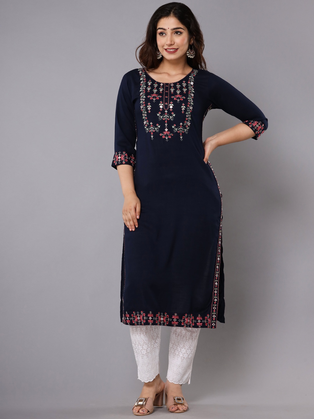 

ADORRO Women Navy Blue & Pink Floral Yoke Design Thread Work Floral Kurta