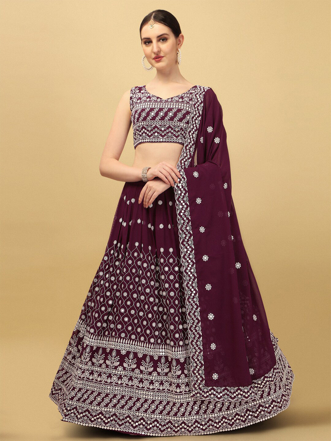 

Fab Dadu Burgundy & White Embroidered Sequinned Semi-Stitched Lehenga Choli