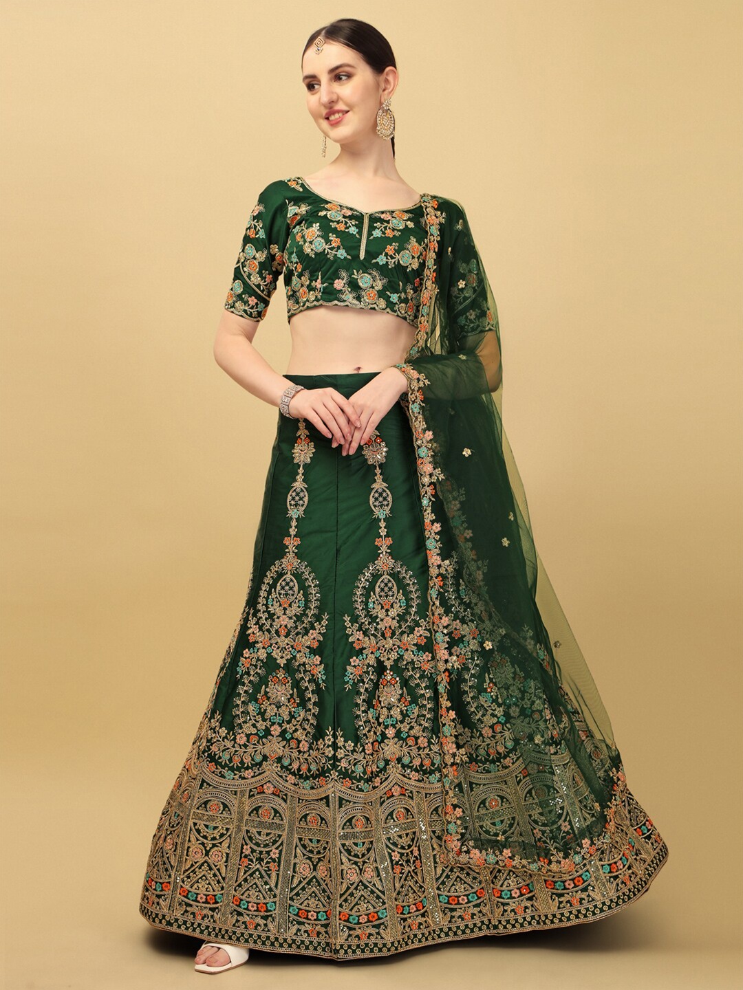 

Fab Dadu Green & Orange Embroidered Thread Work Semi-Stitched Lehenga Choli