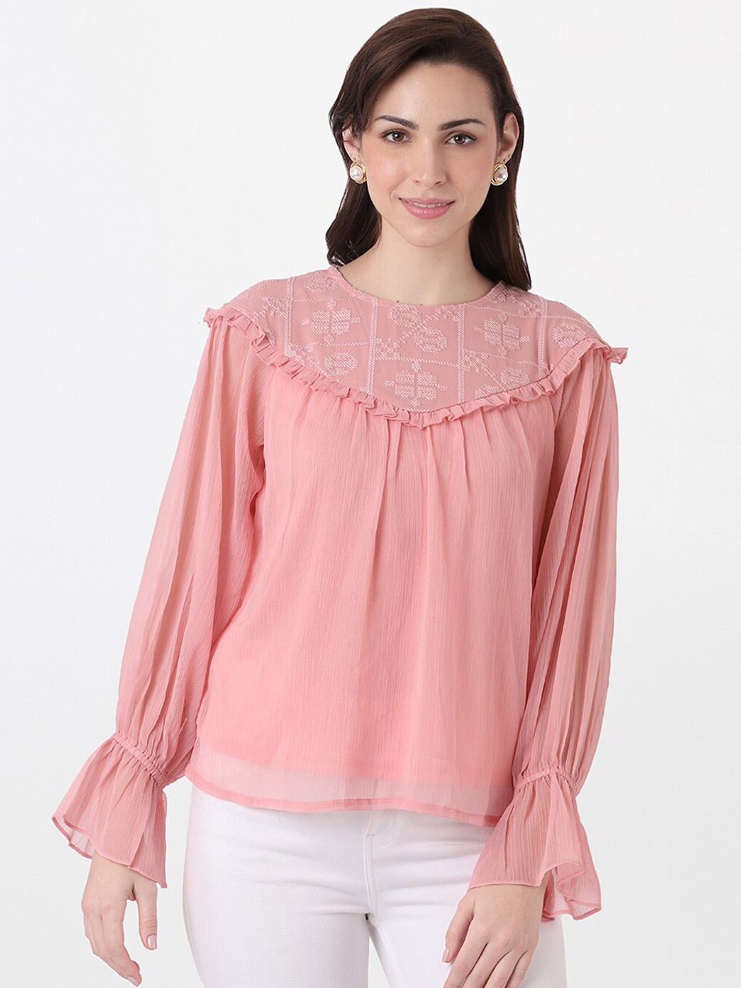 

AND Women Pink Yoke Embroidered Bell Sleeves Top